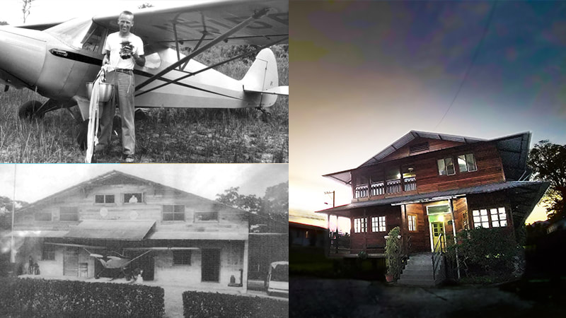(CLOCKWISE L TO R) The hanger in front of Nate Saint's home in Shell. Nate Saint and his yellow Piper PA-14 plane (PHOTO SOURCE). The current restored Nate Saint House.